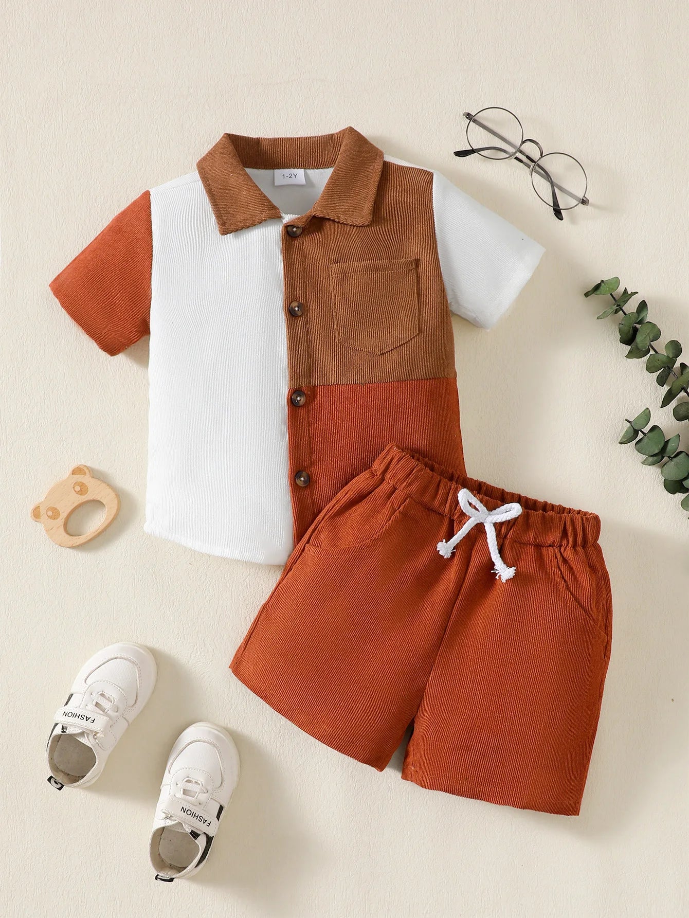 Boys' Flip collar Colour Blocked 2Pcs Summer Set