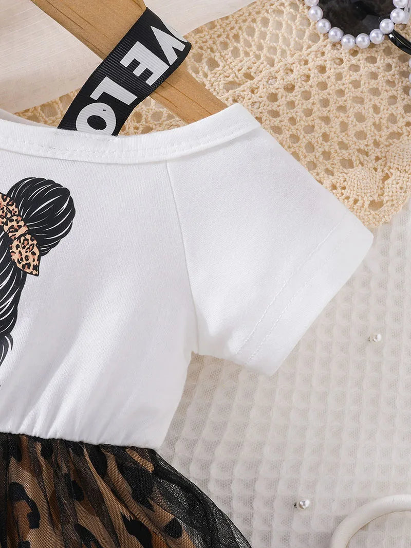 Girls Patchwork Leopard Print Mesh Dress