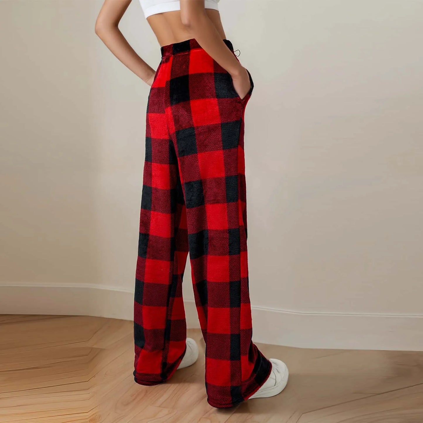 Plush Plaid Pyjama Bottoms with Pockets