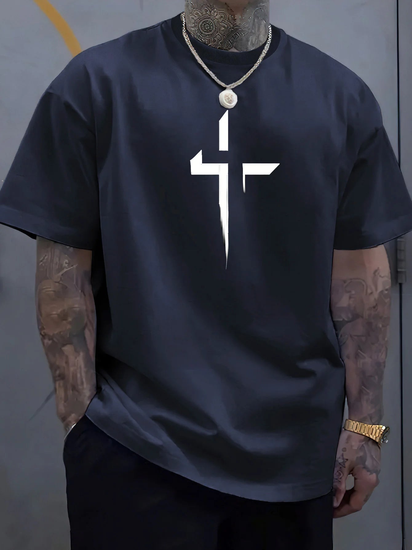 Men's 100% Loose Cross Creative Print T-shirt