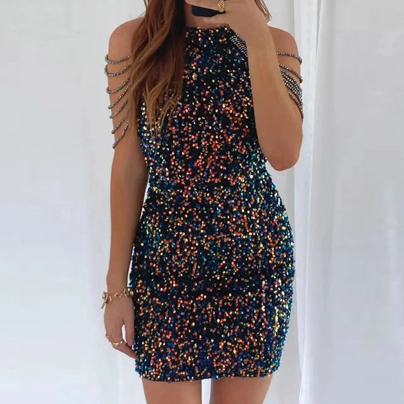 Beaded Strap Sleeves Sequin Dress