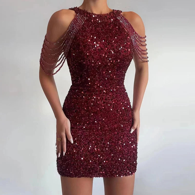 Beaded Strap Sleeves Sequin Dress