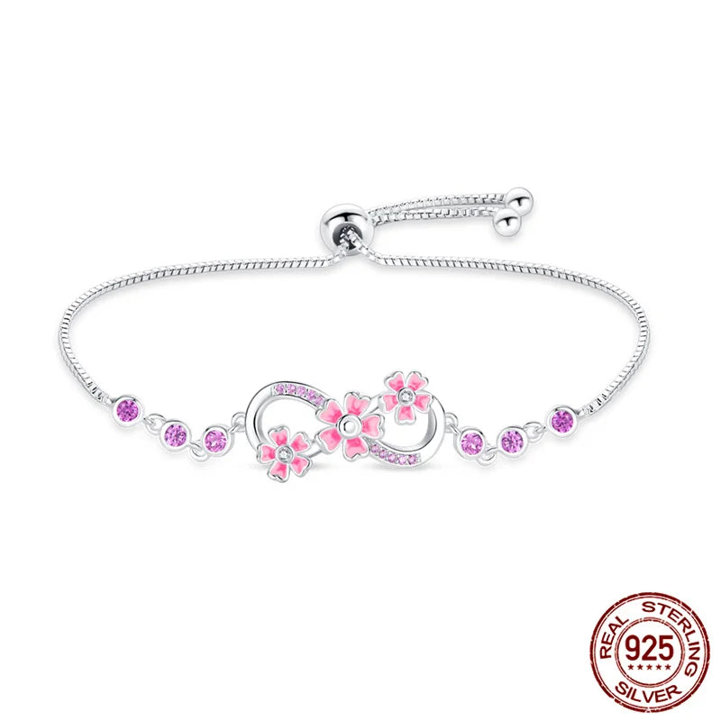 Silver Eternity Symbol with Pink Flowers Bracelet