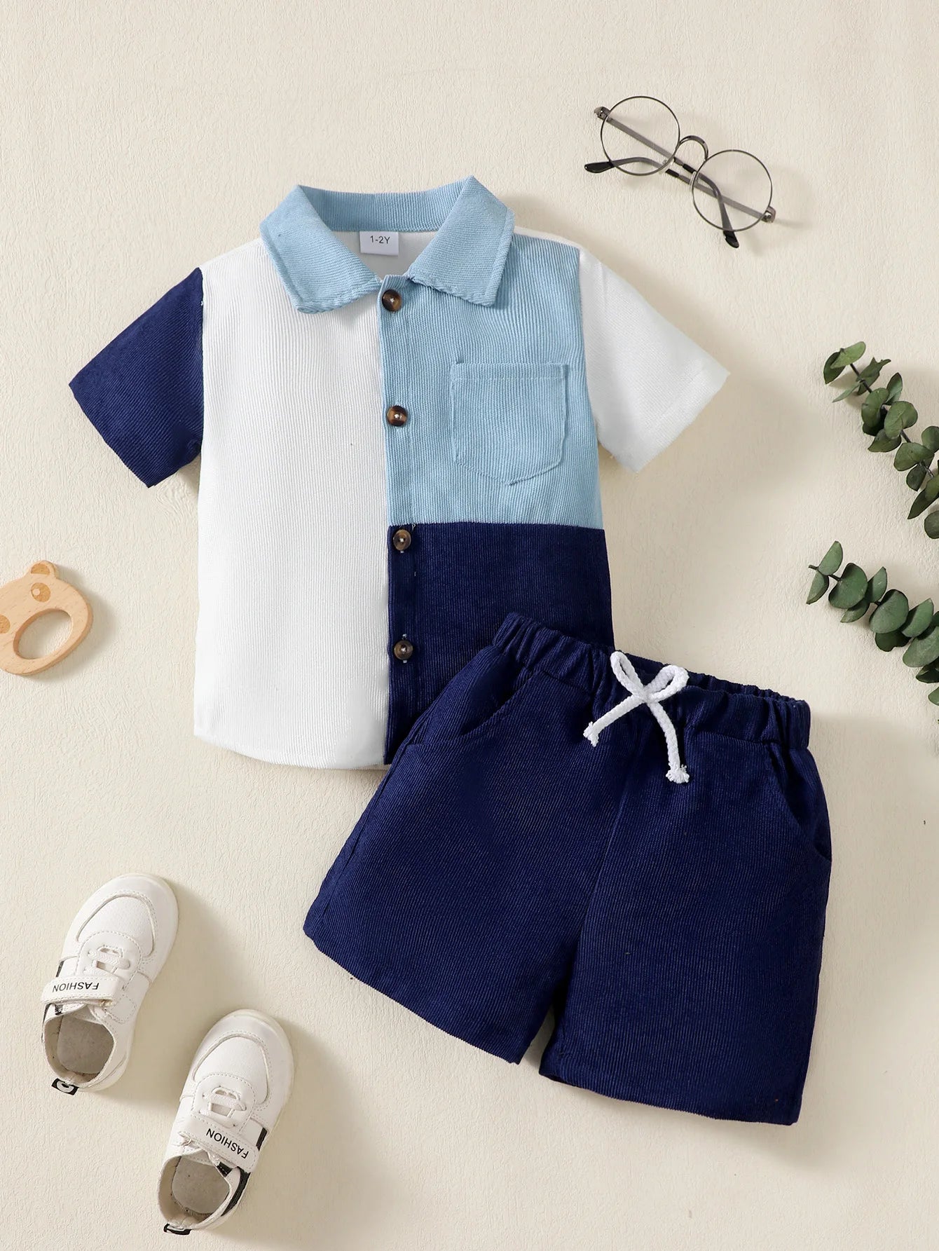 Boys' Flip collar Colour Blocked 2Pcs Summer Set