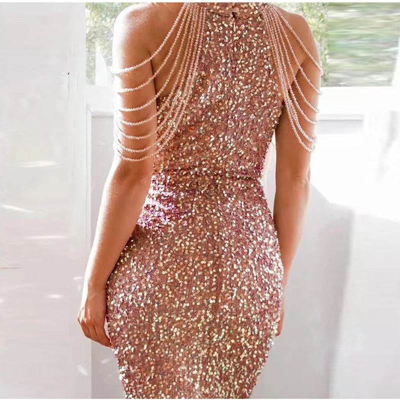 Beaded Strap Sleeves Sequin Dress