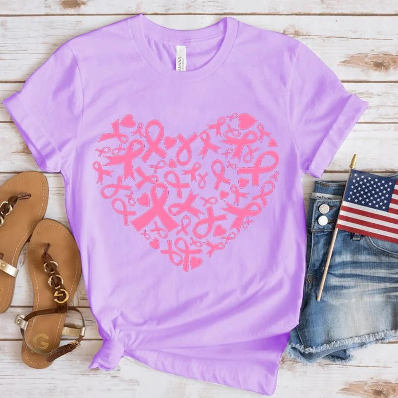 Breast Cancer Awareness Heart Print T-Shirt