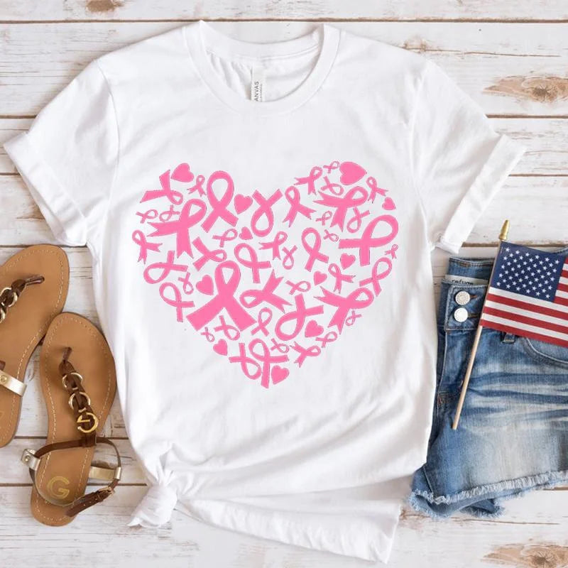 Breast Cancer Awareness Heart Print T-Shirt