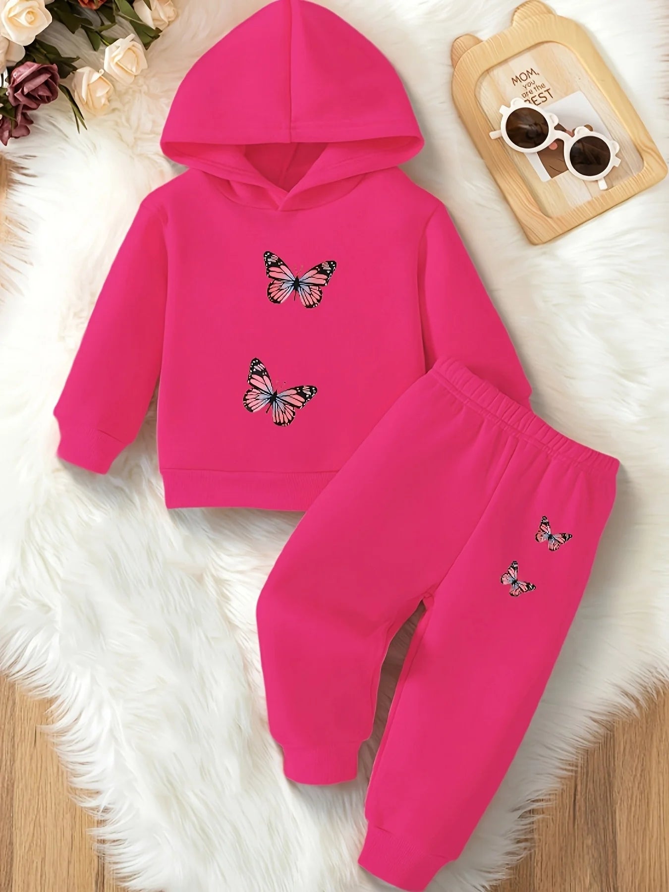 Baby Girl Butterfly Pattern Hoodie & Joggers Set