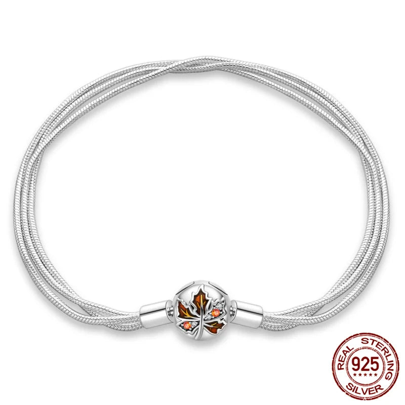 Autumn Leaf Clasp 3 Rope Silver Charm Bracelet