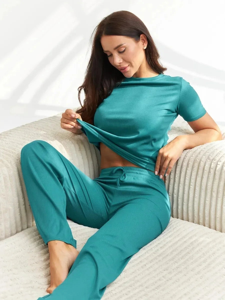 Pure Colour Short Sleeve Top & Drawstring Pants Two-Piece Set