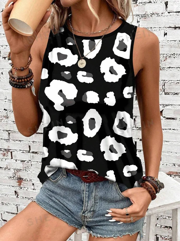 Leopard Print Casual Crew-neck Tank Tops