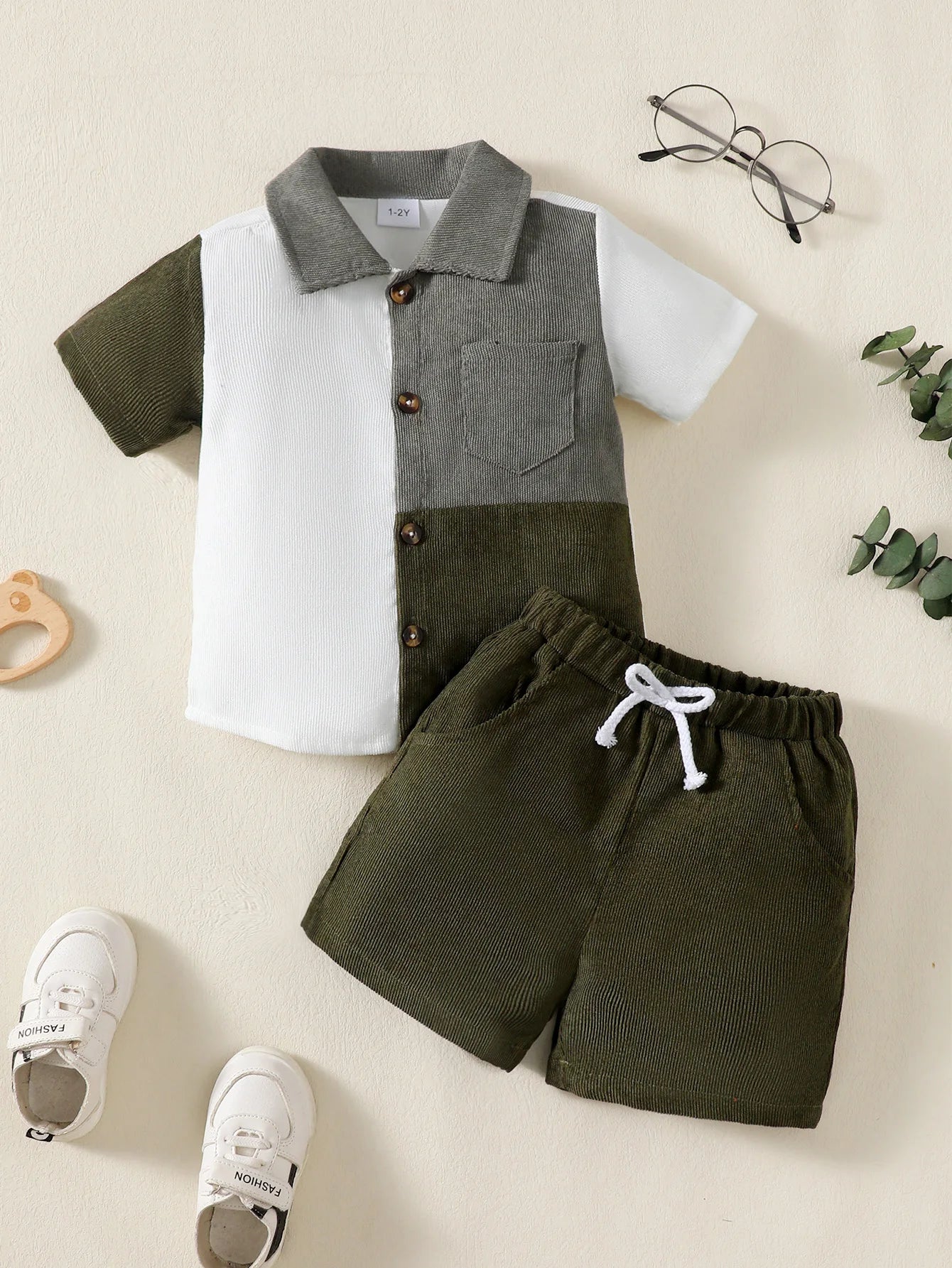 Boys' Flip collar Colour Blocked 2Pcs Summer Set