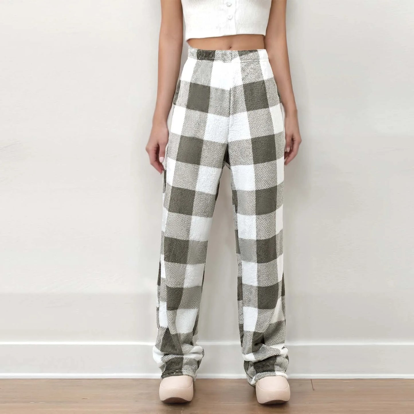 Plush Plaid Pyjama Bottoms with Pockets