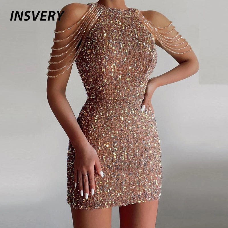 Beaded Strap Sleeves Sequin Dress