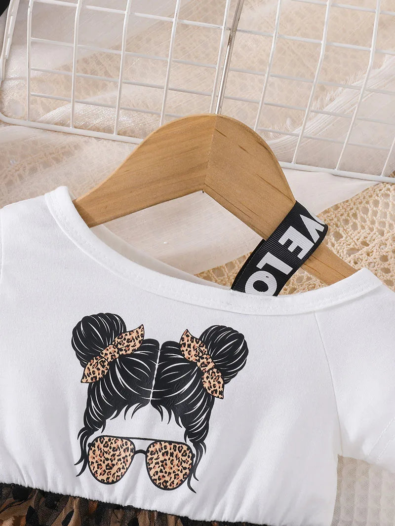 Girls Patchwork Leopard Print Mesh Dress