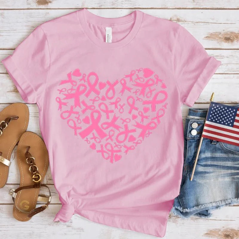 Breast Cancer Awareness Heart Print T-Shirt