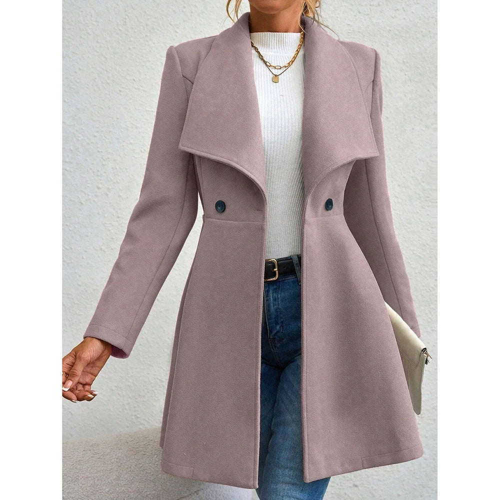 Solid Colour Long Sleeve Lapel Button-Up Coat