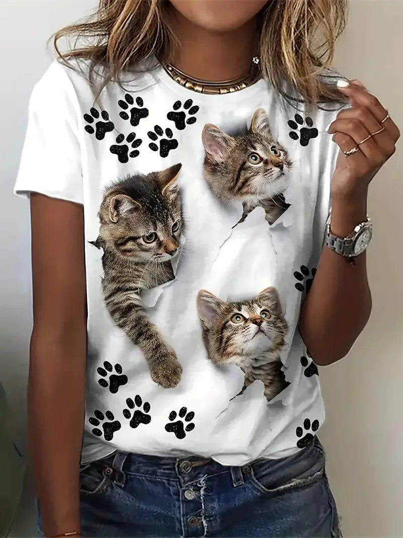 Curve 3D Cat Print T-shirt