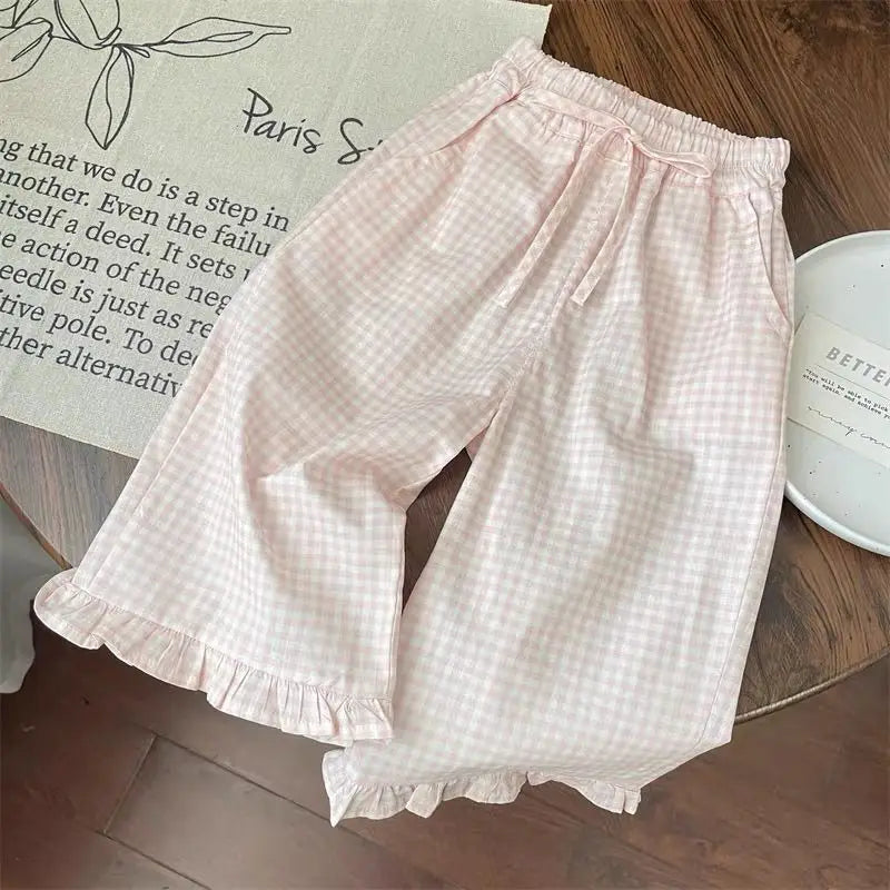Young Girls Bow Short Sleeve Top + Plaid Wide Leg Pants Set