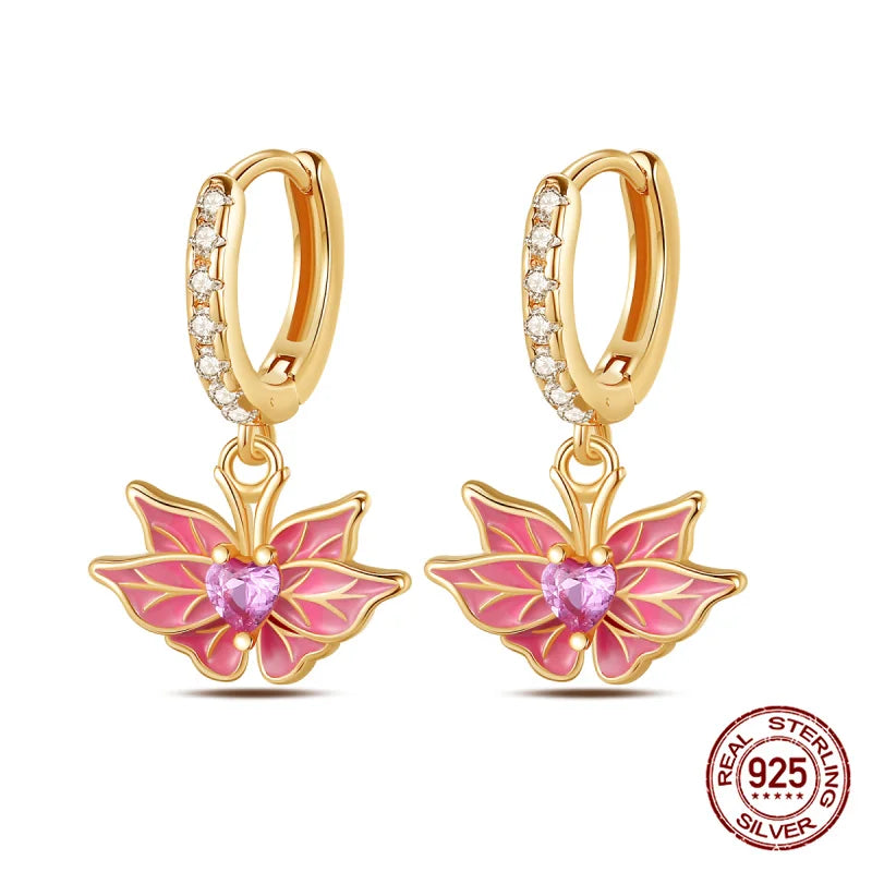 Pink Gem Butterfly Silver Hooped Earrings
