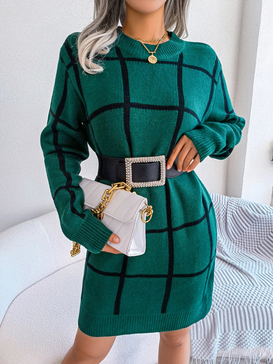 Casual Plaid Long Sleeve Sweater Dress