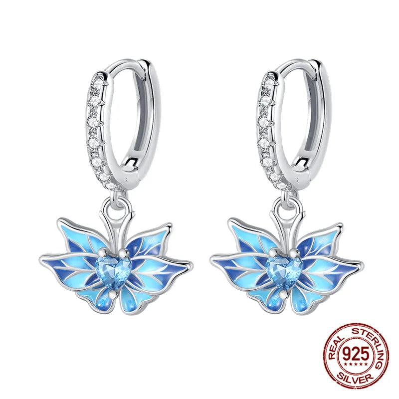 Pink Gem Butterfly Silver Hooped Earrings