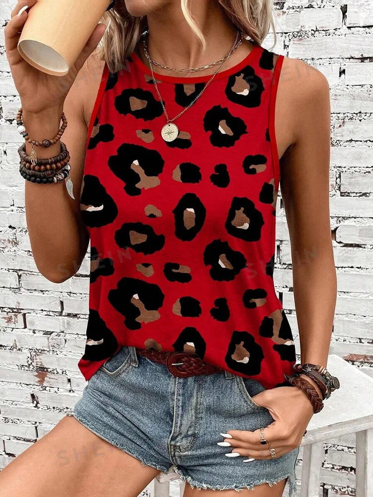 Leopard Print Casual Crew-neck Tank Tops