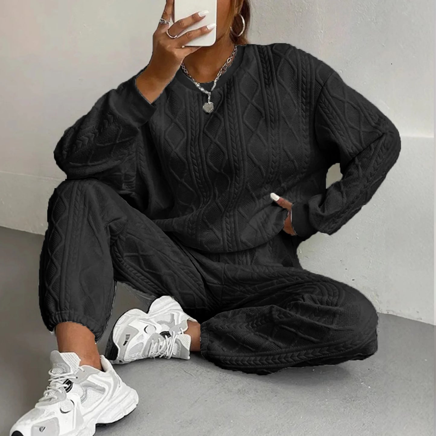 Knitted Look Casual Sweater and Jogger Set