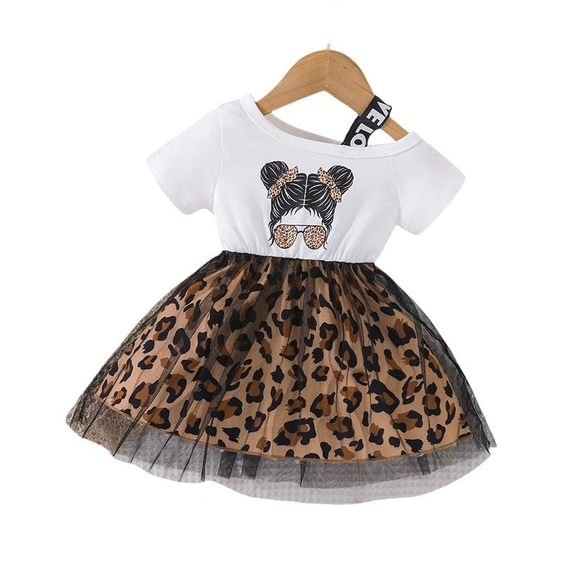 Girls Patchwork Leopard Print Mesh Dress