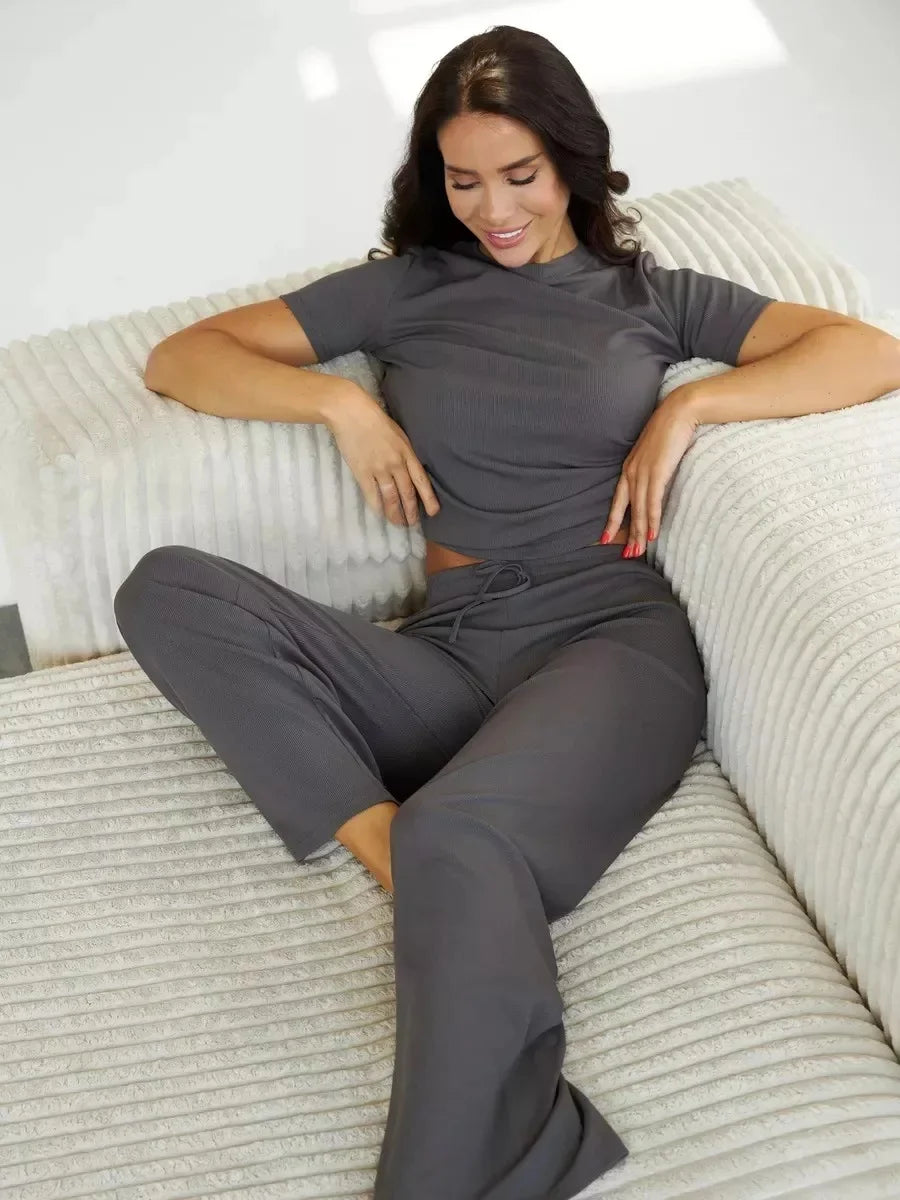 Pure Colour Short Sleeve Top & Drawstring Pants Two-Piece Set
