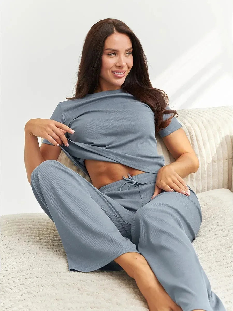 Pure Colour Short Sleeve Top & Drawstring Pants Two-Piece Set