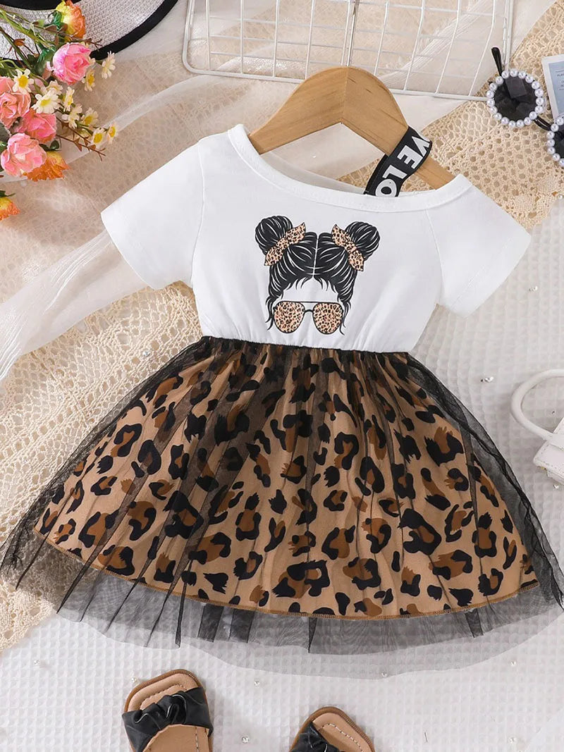 Girls Patchwork Leopard Print Mesh Dress