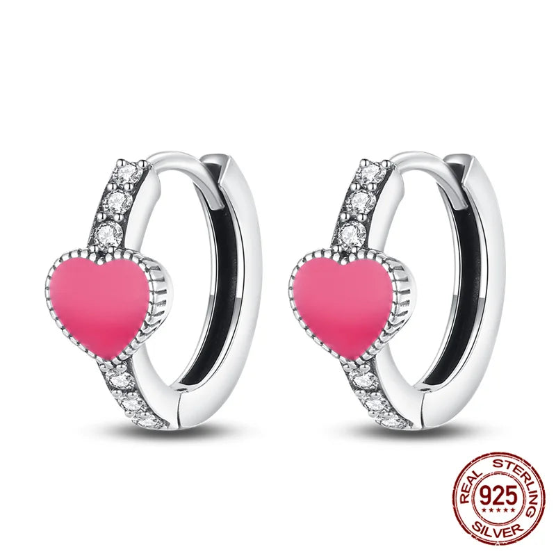 Pink Heart Hooped Silver Earrings