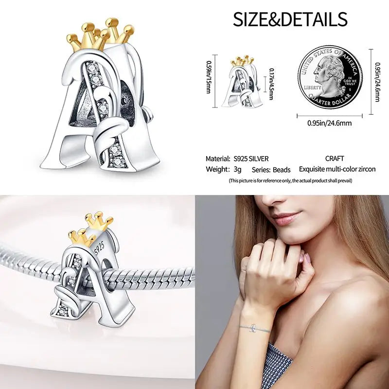 Silver Classic Crown A-Z Letter Charms