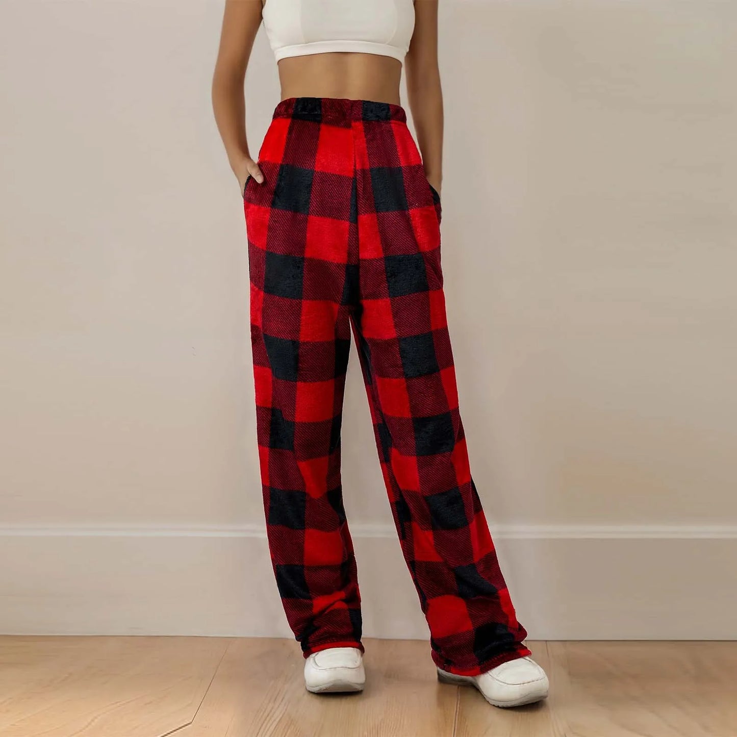 Plush Plaid Pyjama Bottoms with Pockets