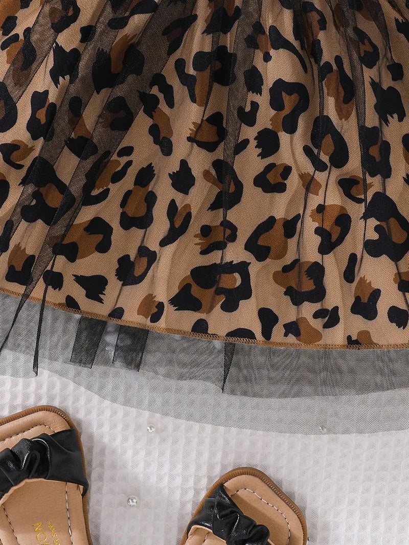 Girls Patchwork Leopard Print Mesh Dress