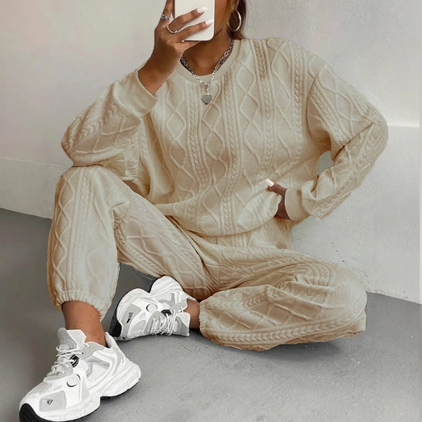 Knitted Look Casual Sweater and Jogger Set