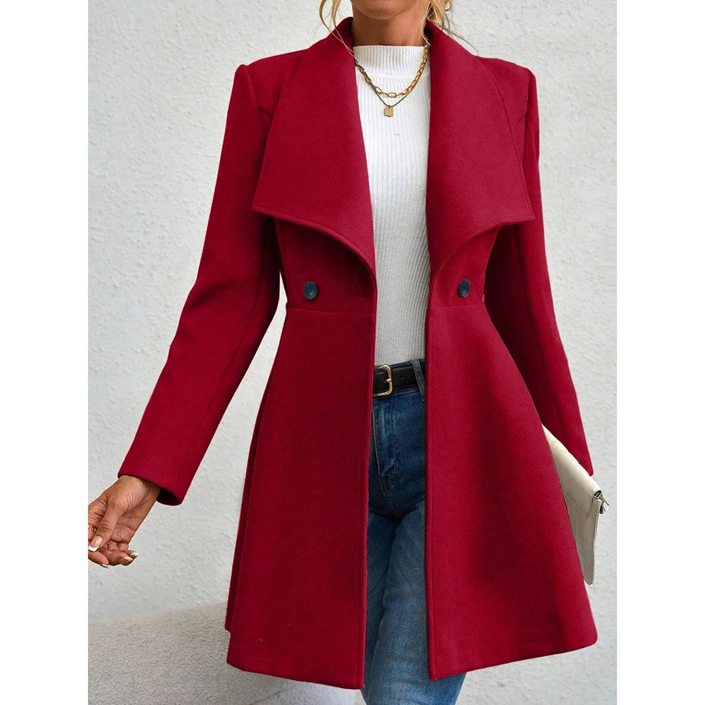 Solid Colour Long Sleeve Lapel Button-Up Coat