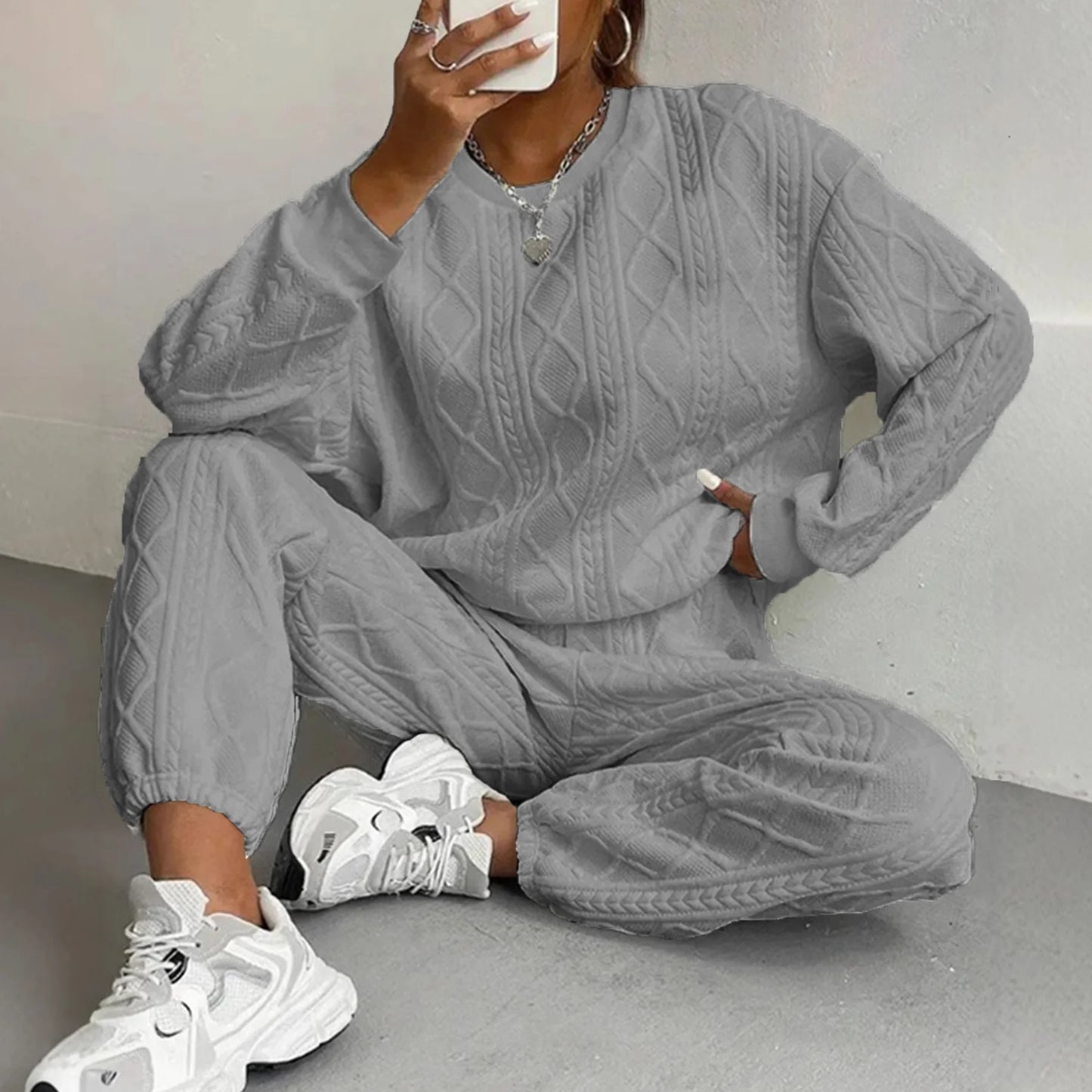 Knitted Look Casual Sweater and Jogger Set