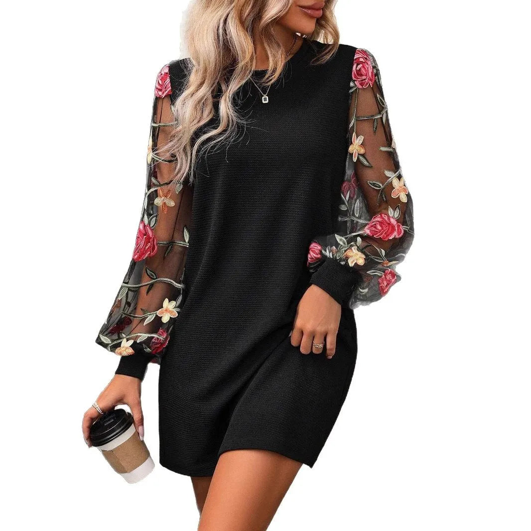 Rose Pattern Mesh Sleeve Black Dress