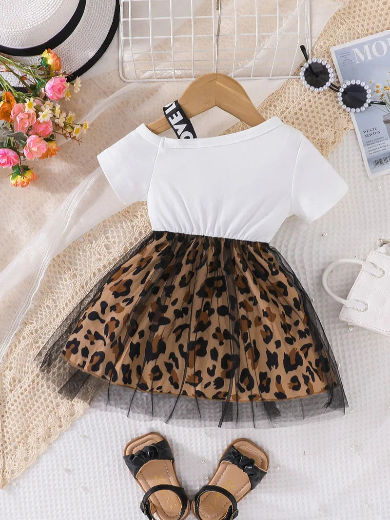 Girls Patchwork Leopard Print Mesh Dress