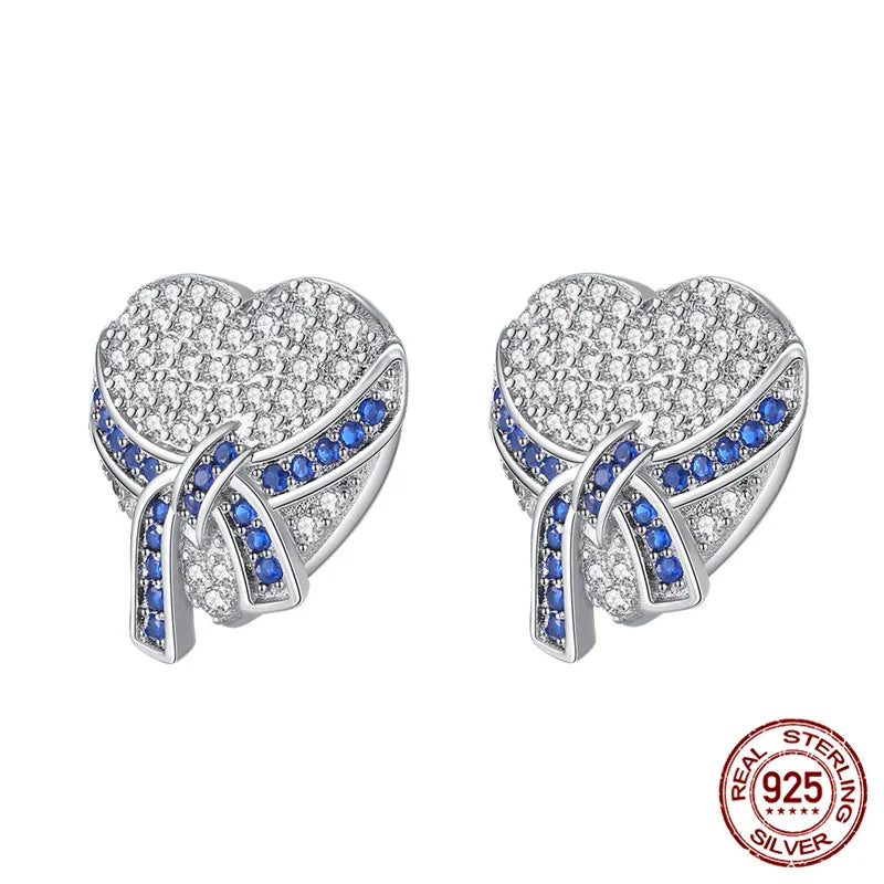Heart with Blue Bow Silver Studded Earrings