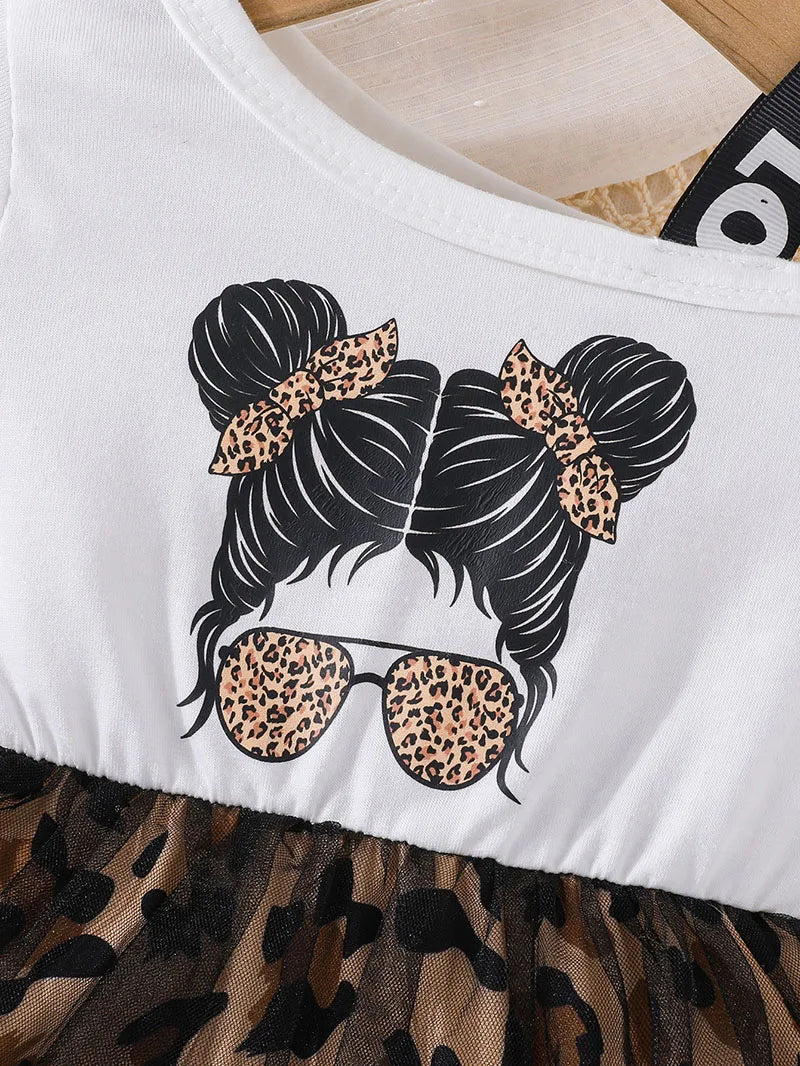 Girls Patchwork Leopard Print Mesh Dress