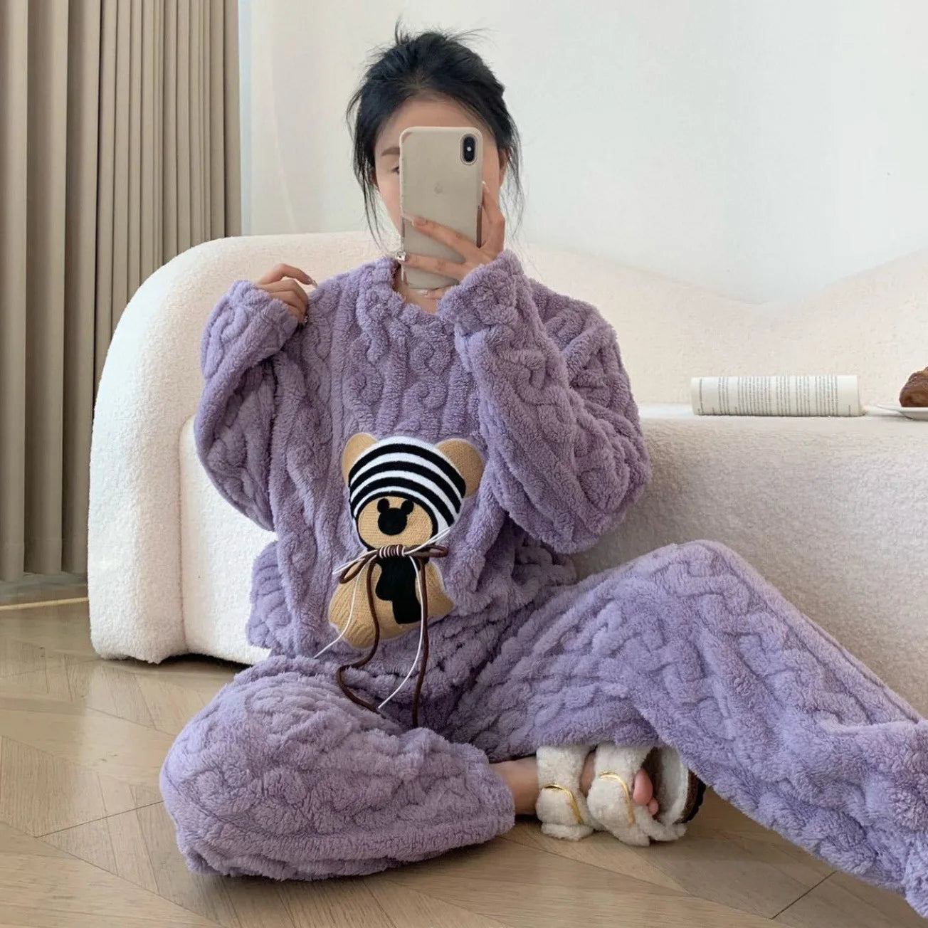 Bear Print Coral Fleece Pyjama Set