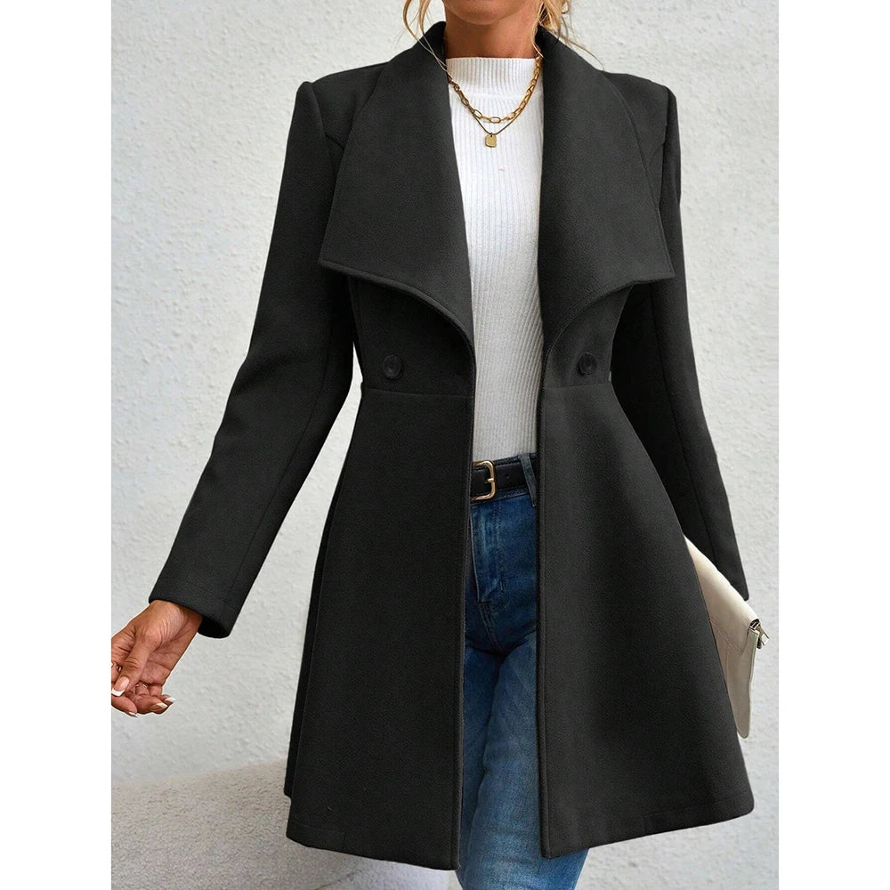 Solid Colour Long Sleeve Lapel Button-Up Coat