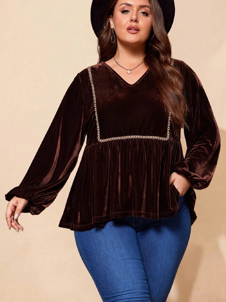 Curve Brown Velvet V-Neck Long-Sleeve Top