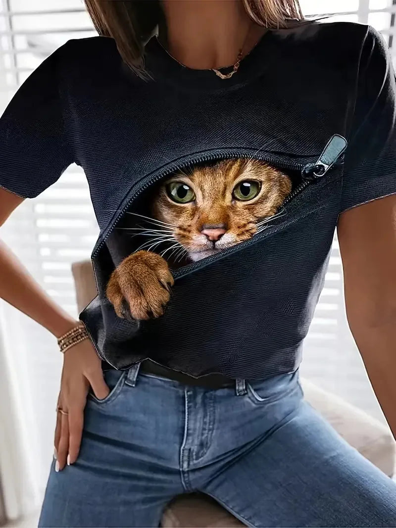Curve 3D Cat Print T-shirt