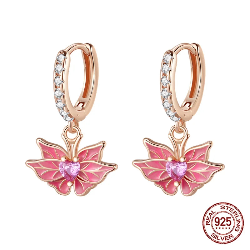 Pink Gem Butterfly Silver Hooped Earrings