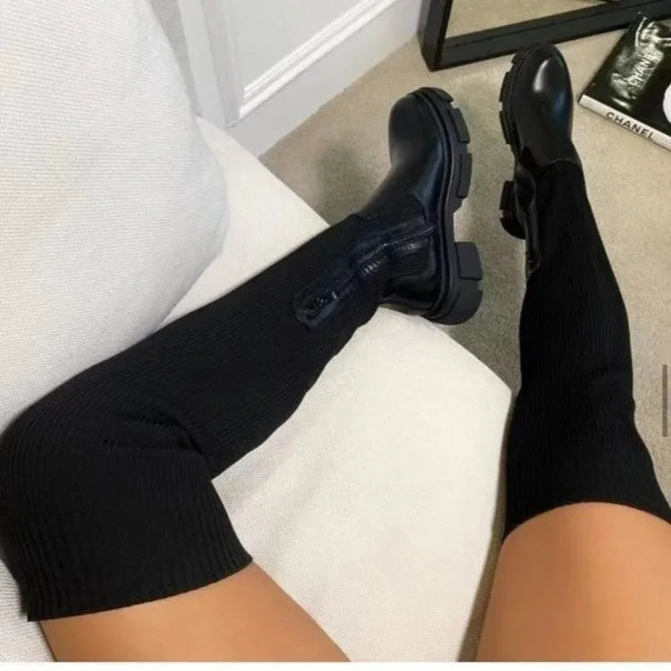 Knee Length Fabric Top Leather Surface Boots