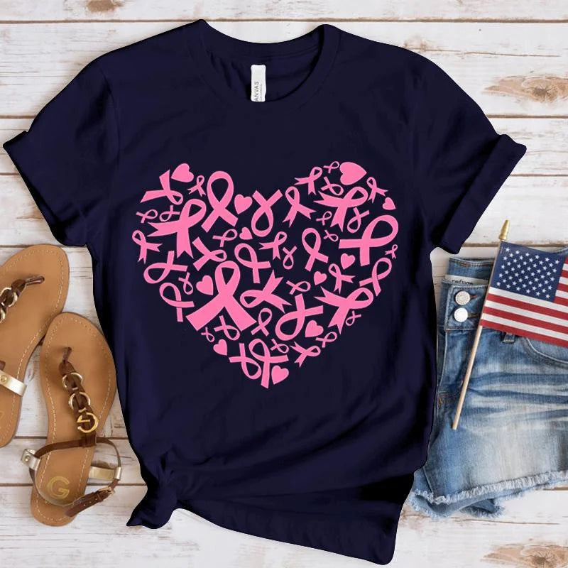 Breast Cancer Awareness Heart Print T-Shirt